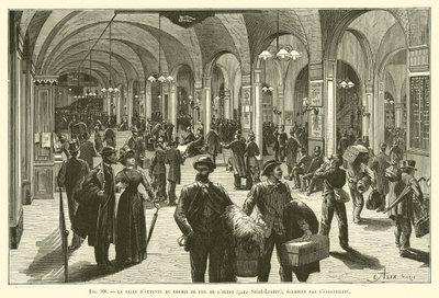 La sala de espera del ferrocarril del Oeste (estación Saint-Lazare), iluminada por la electricidad de French School